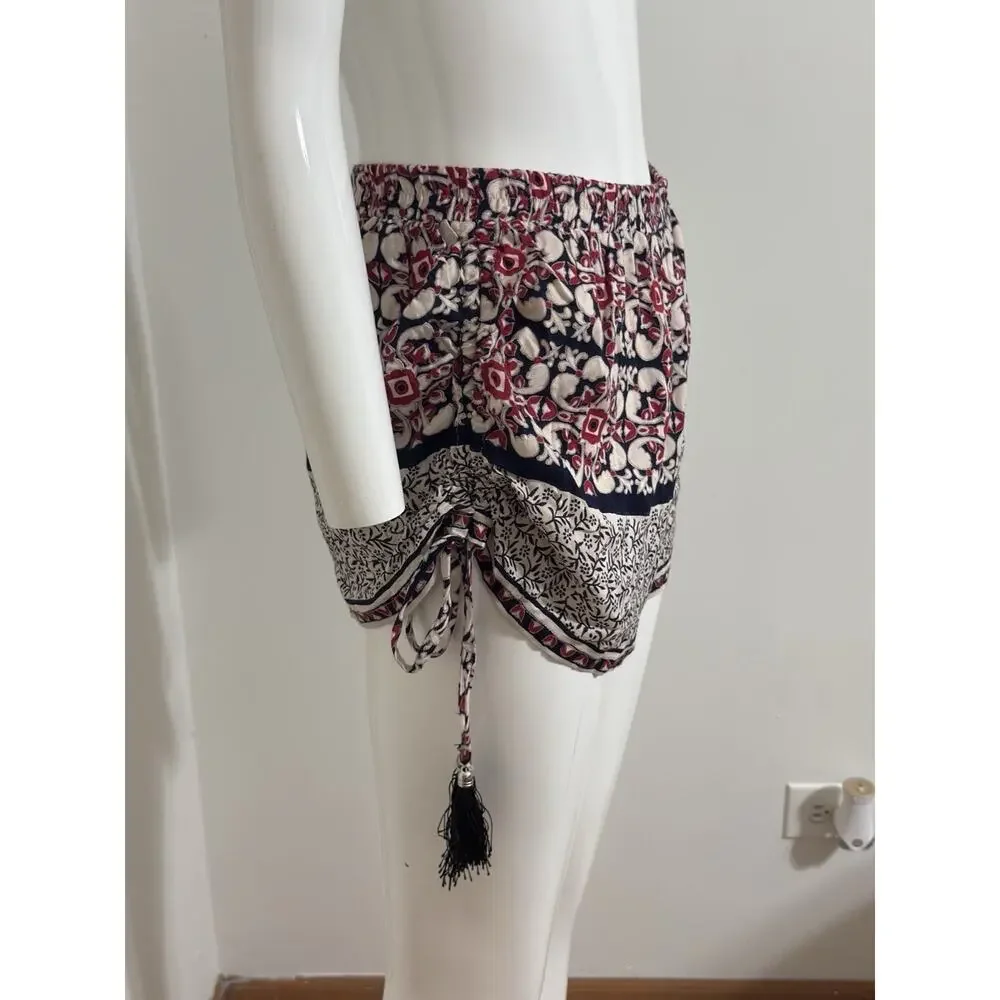Angie Womens Boho Print Shorts Red Black White Tassel Side Tie Festival Size L - Picture 2 of 10